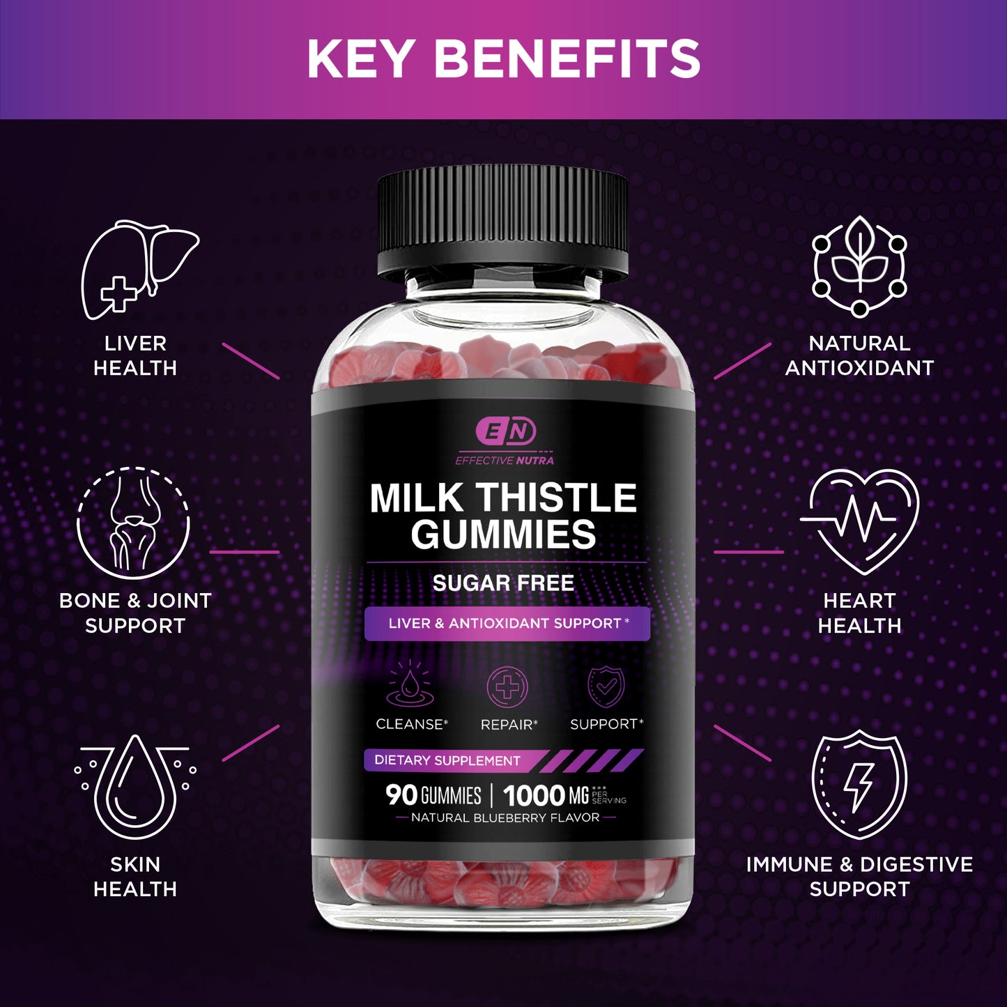 Milk Thistle Gummies 1000mg, Sugar Free (90 Count)