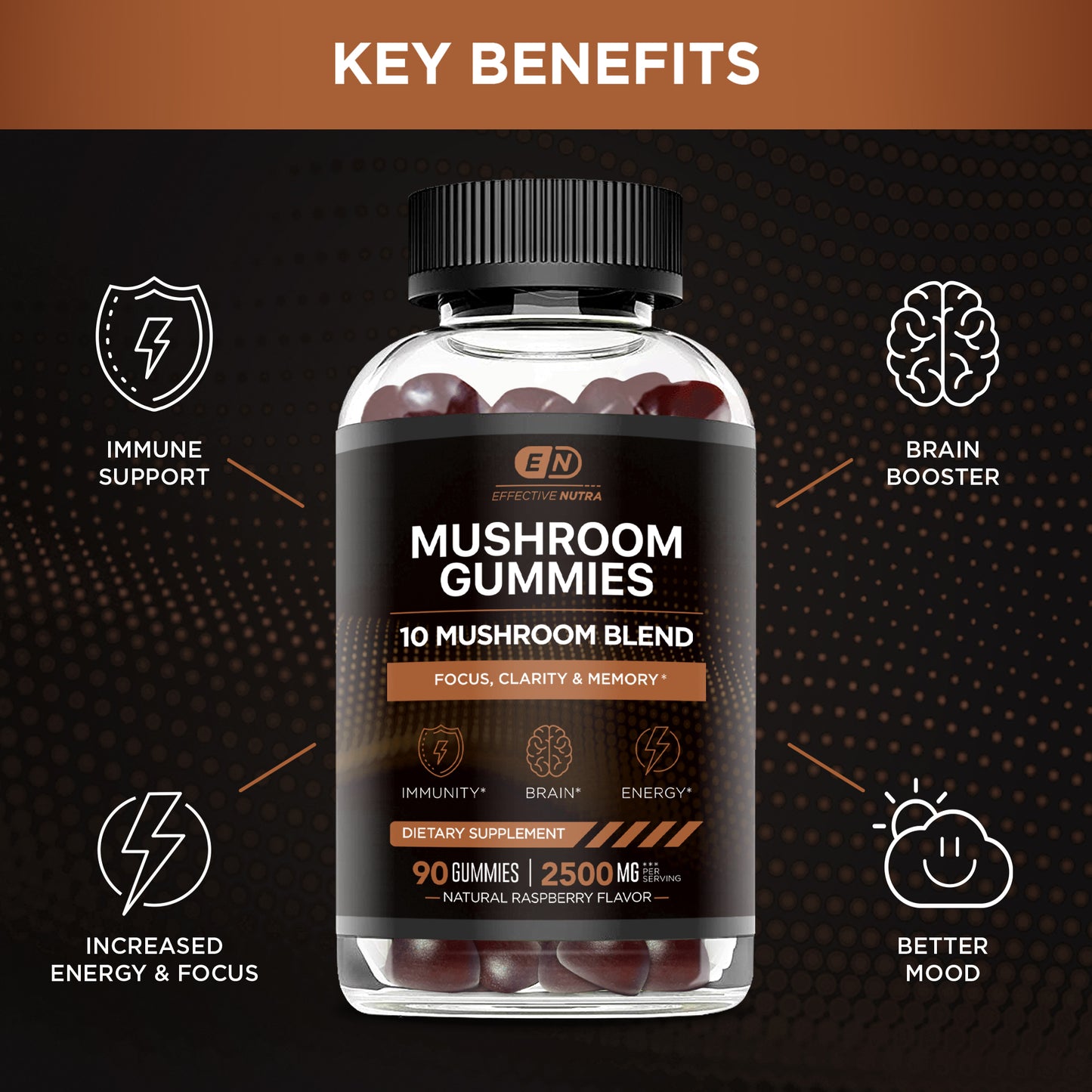 Mushroom Gummies 2500mg, 10-Blend (90 Count)