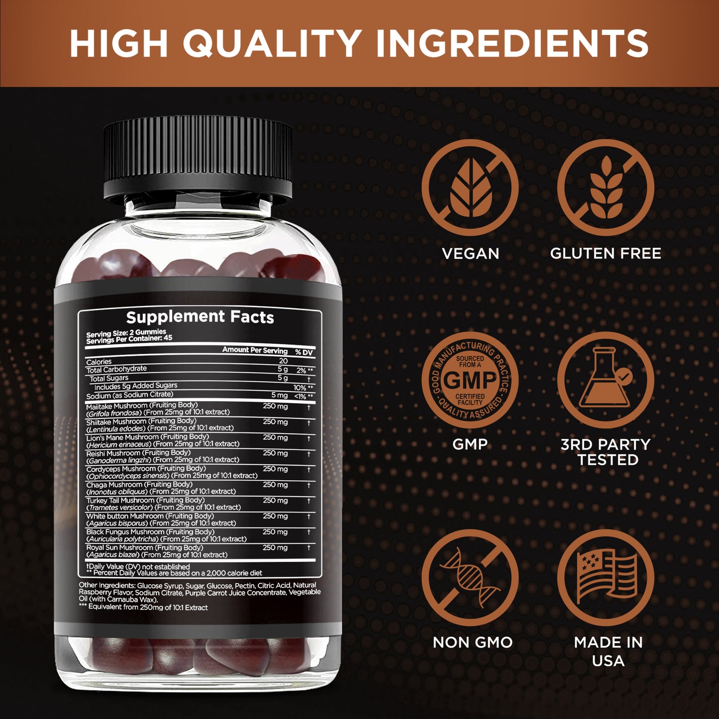Mushroom Gummies 2500mg, 10-Blend (90 Count)